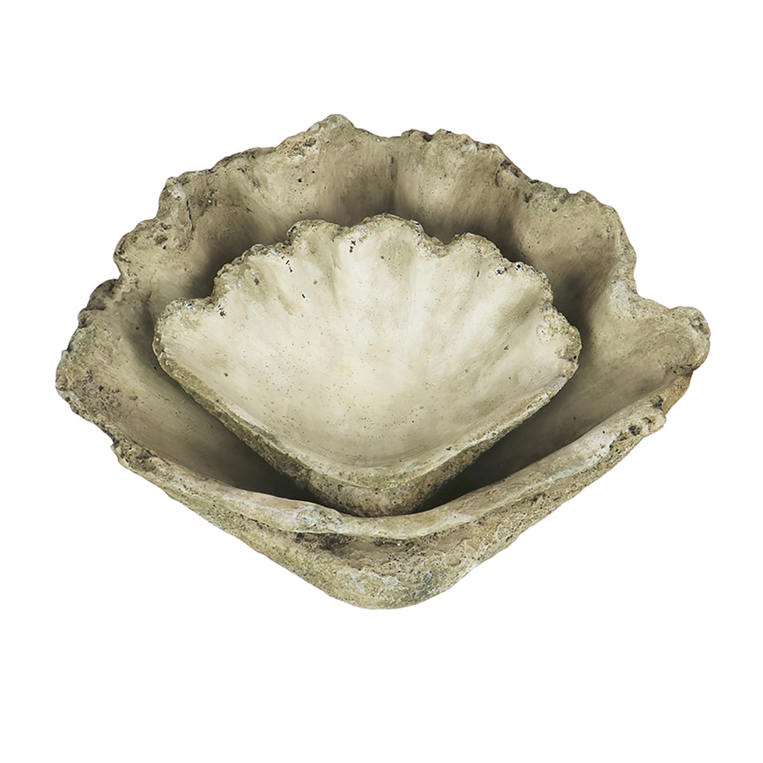 Oversized cast concrete clam shell planter with scalloped ridges, available in small and large sizes for indoor and outdoor decor.