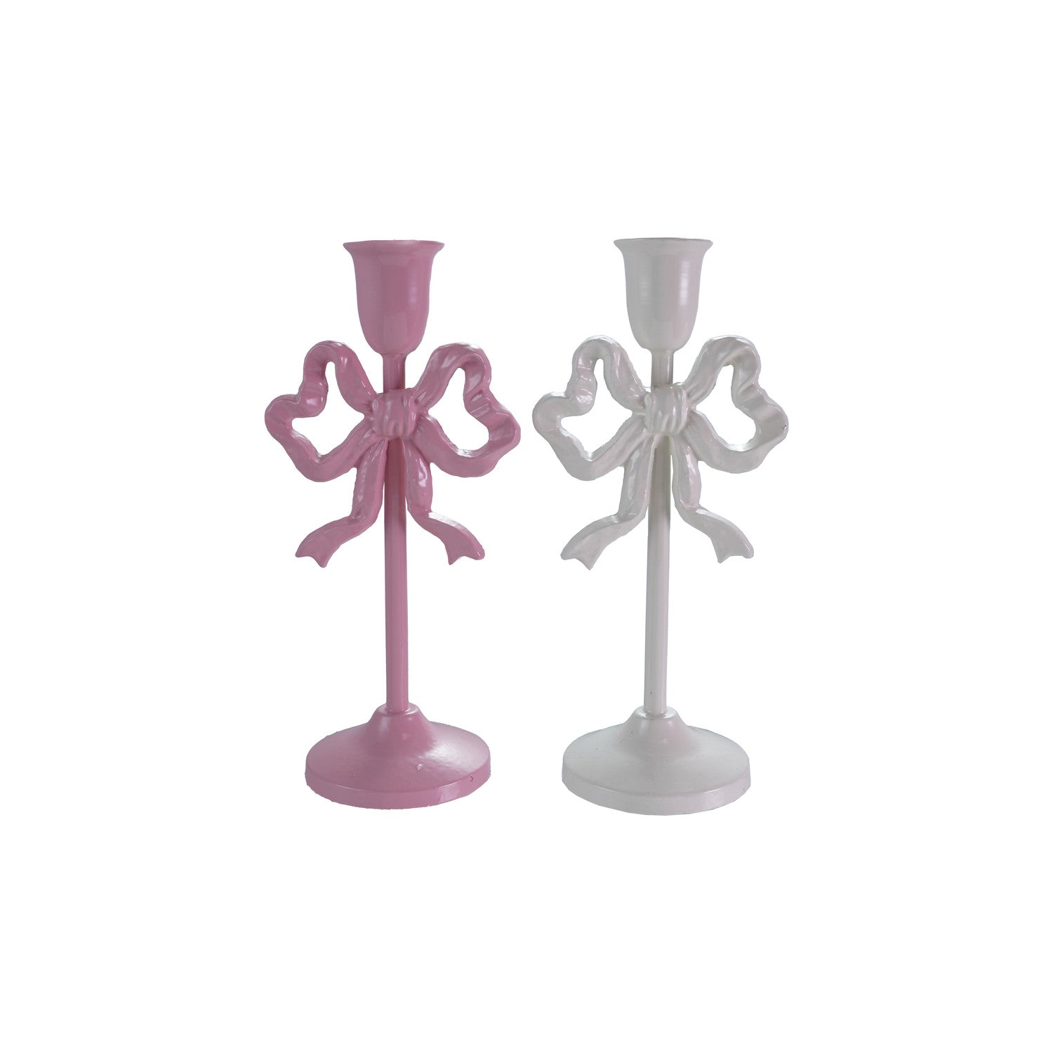 Two cast iron taper candle holders with bow design, pink and white