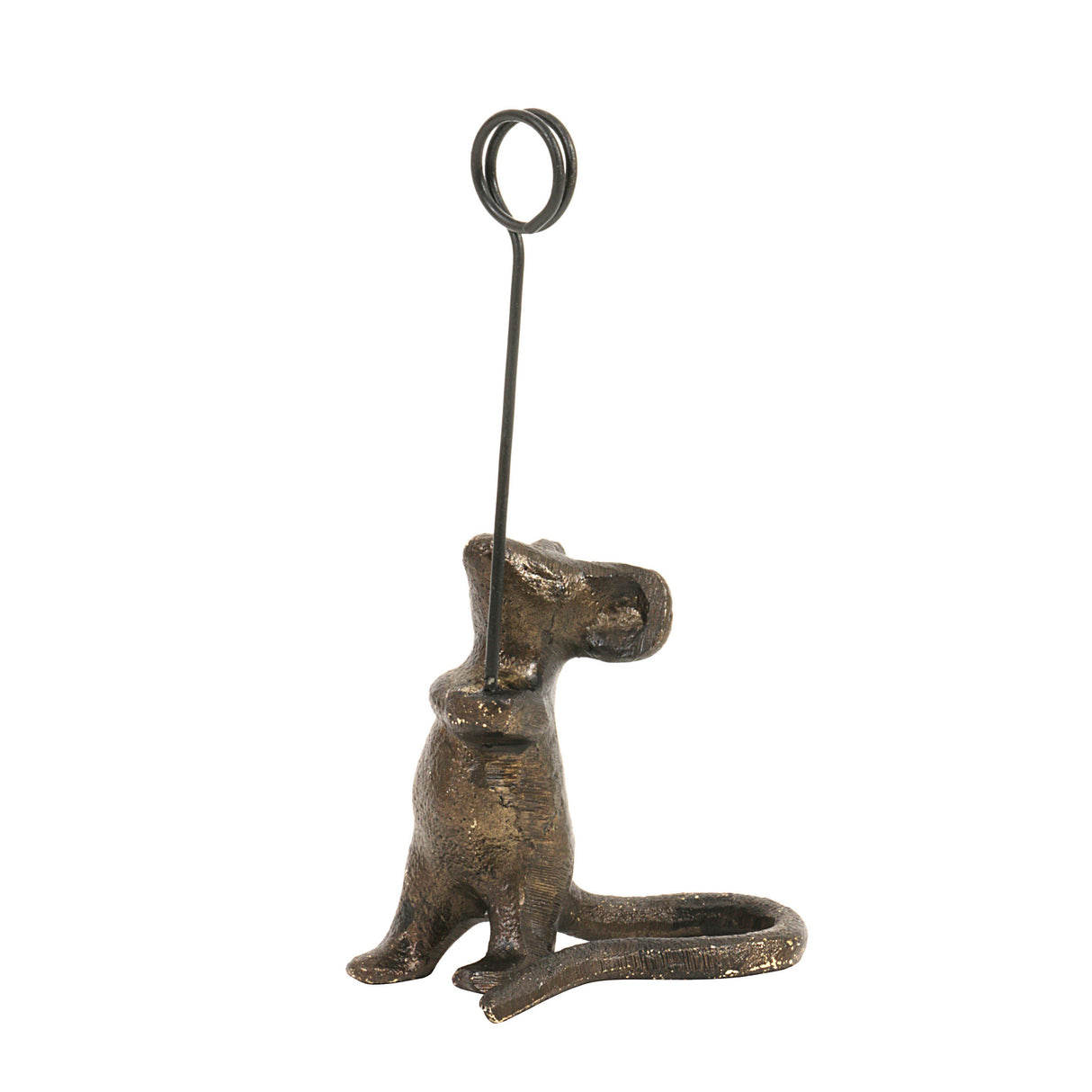 4-inch cast iron mouse card holder with curled tail and wire loop clip for place cards or food labels
