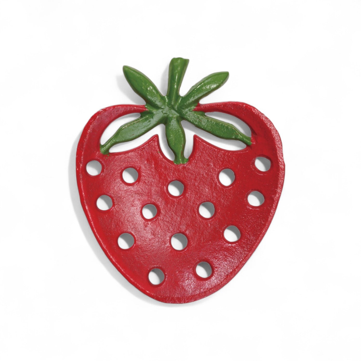 Cast iron strawberry shaped soap dish in red and green with drainage holes