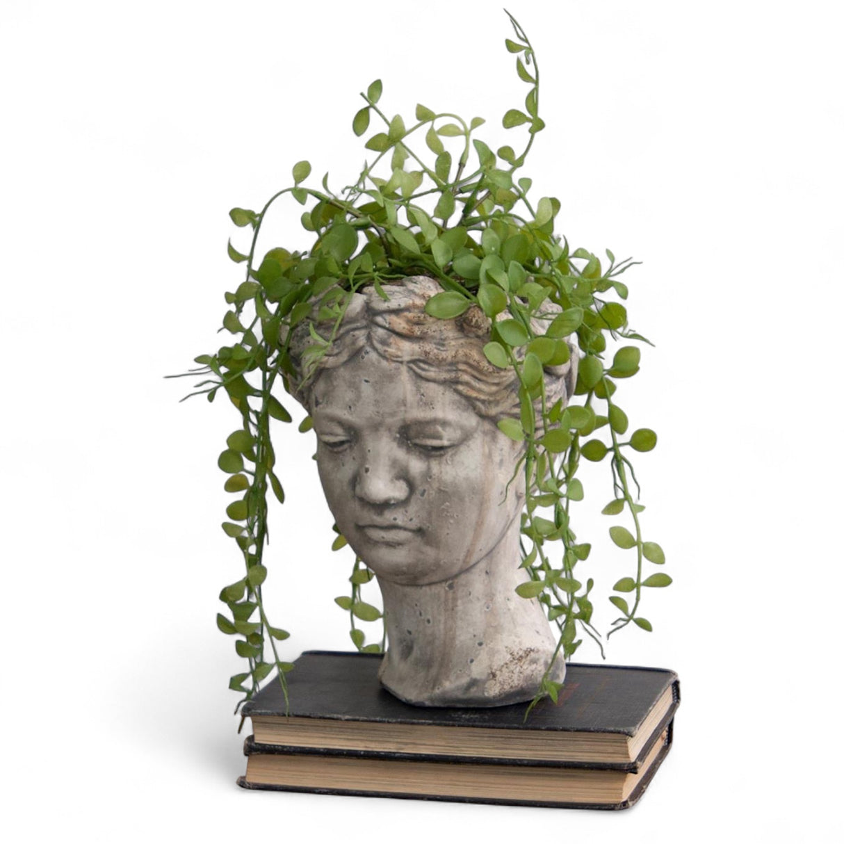 Cement garden head planter with aged finish