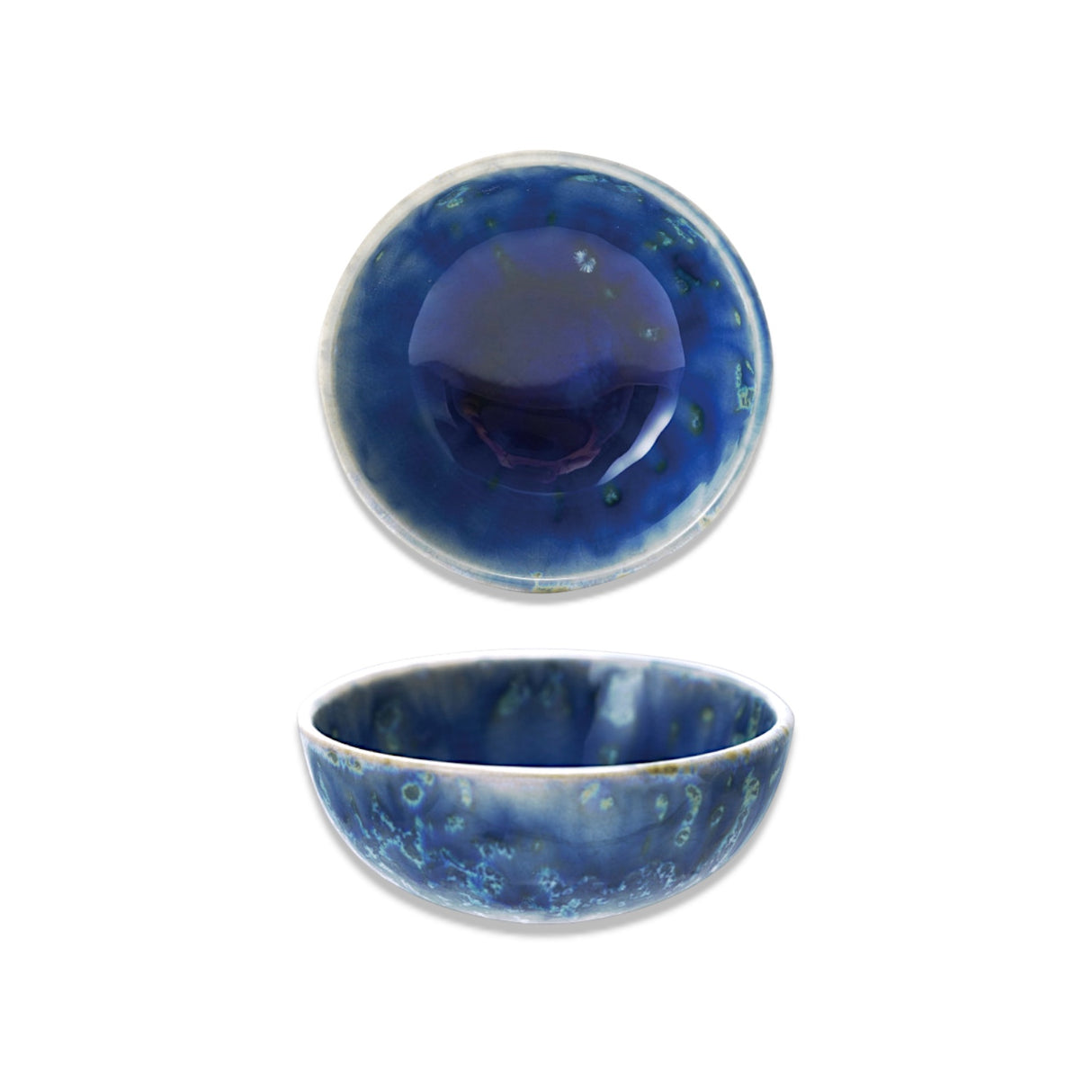 Small blue stoneware dish with reactive crackle glaze