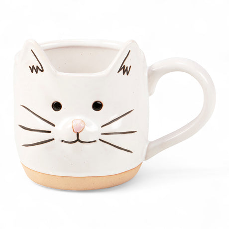 Cream ceramic mug with debossed cat face, sculpted ears, and bare ceramic base, 14 oz capacity