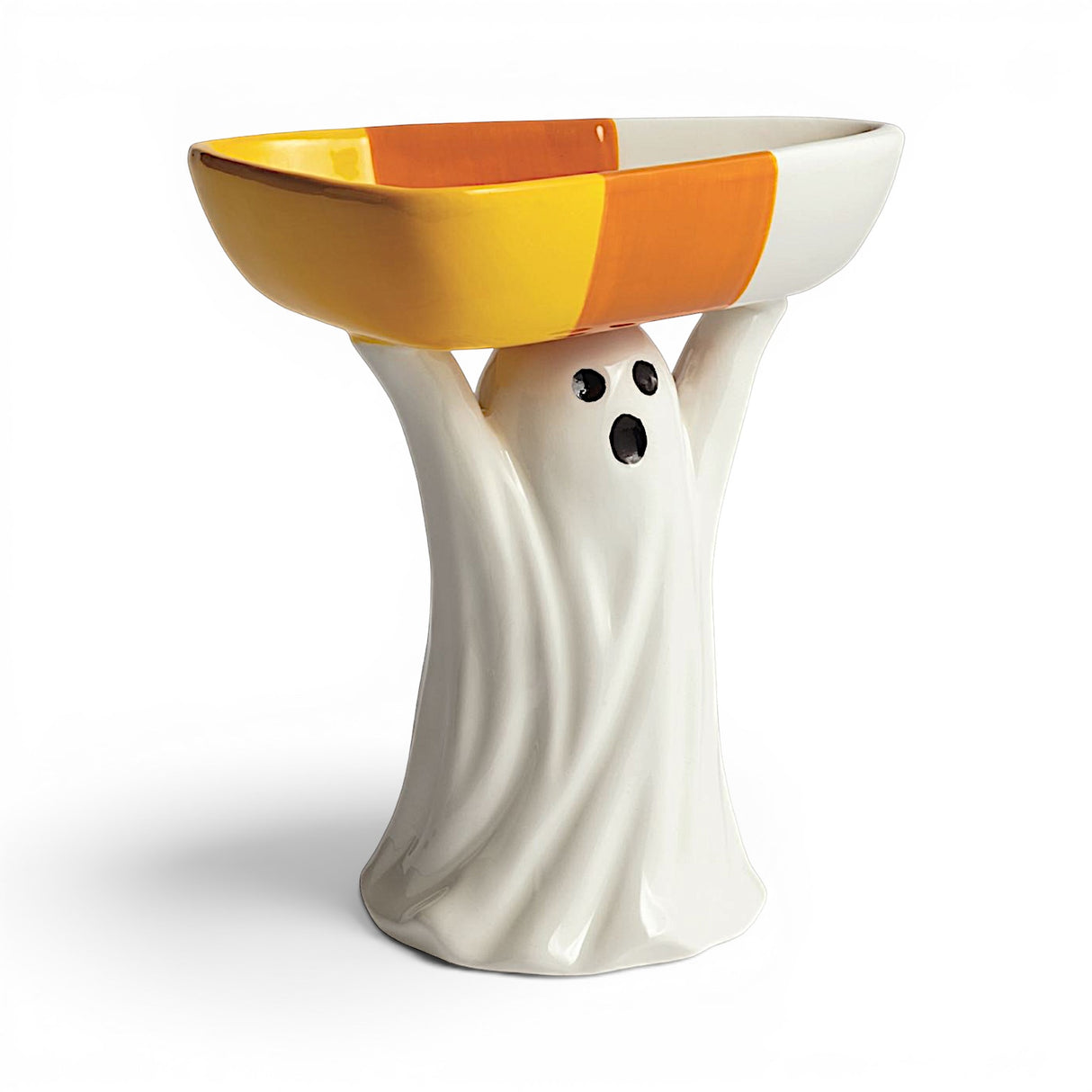 Hand-painted ceramic ghost holding a candy corn striped Halloween treat dish