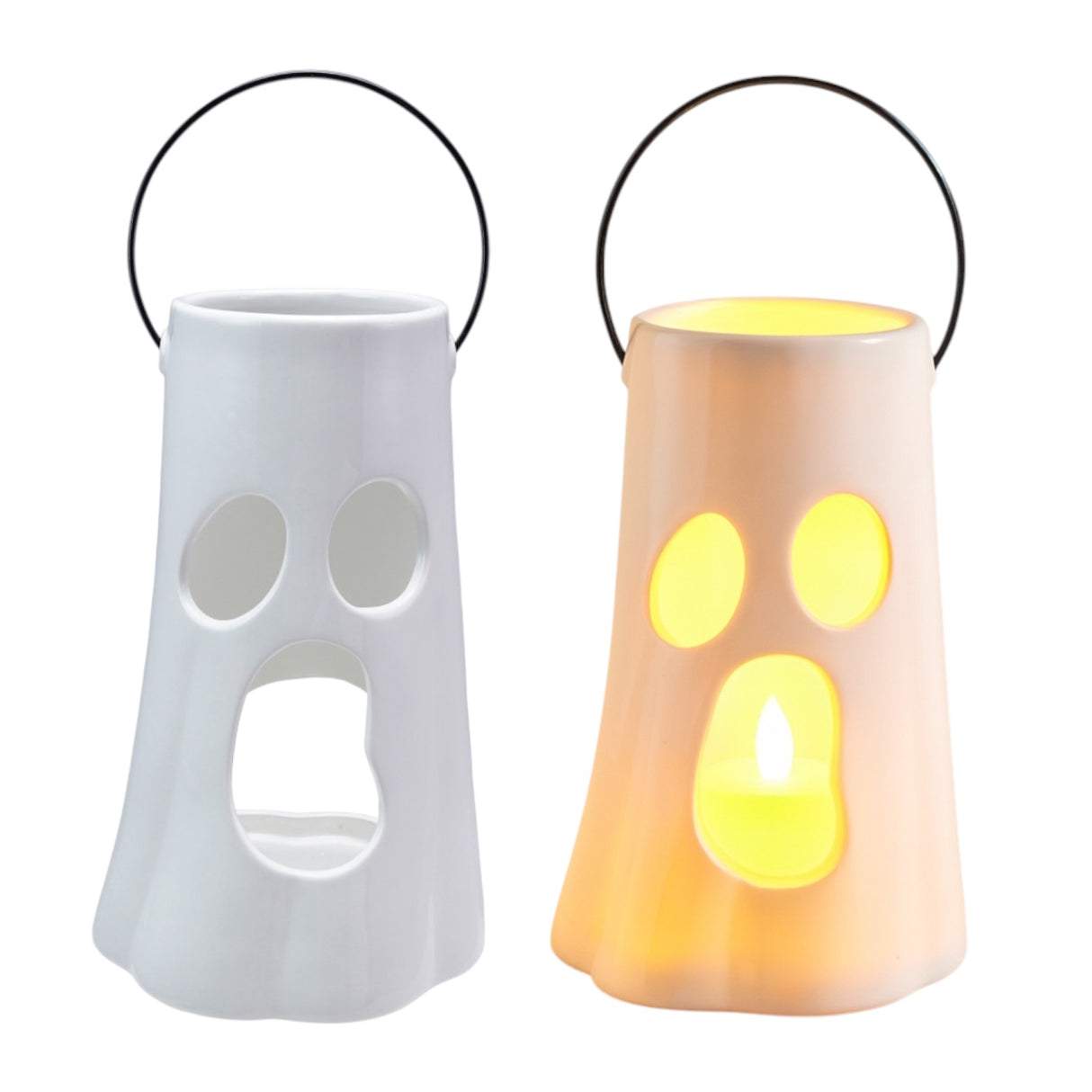 White ceramic lantern with ghost face cut-out and black metal handle for candles
