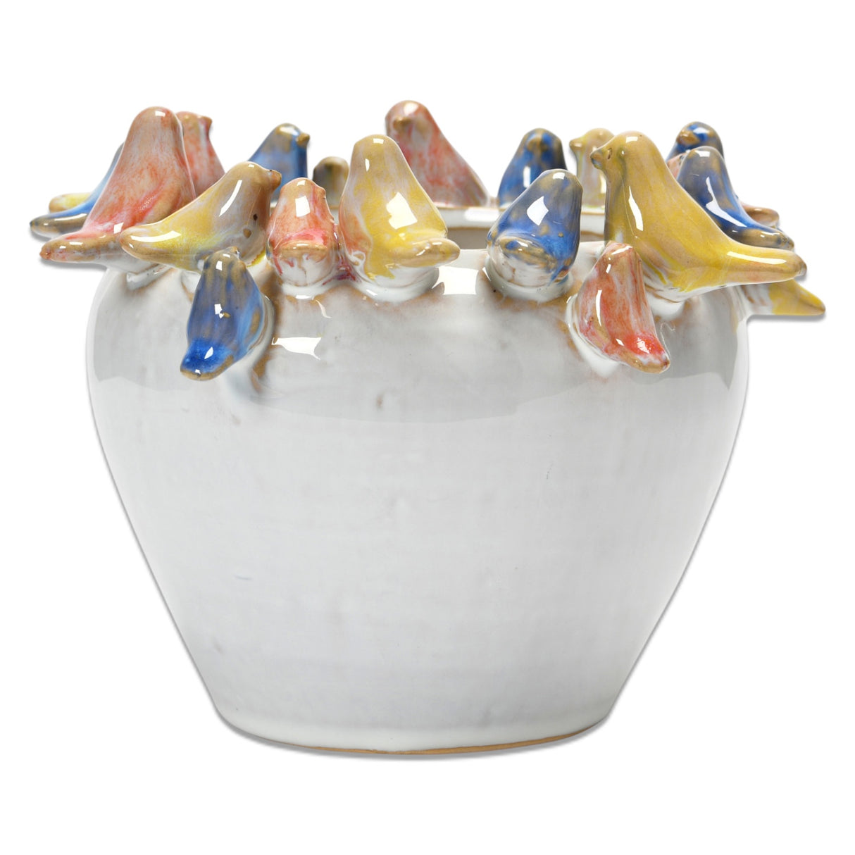 7.5 inch stoneware planter with 3D birds reactive glaze multi color