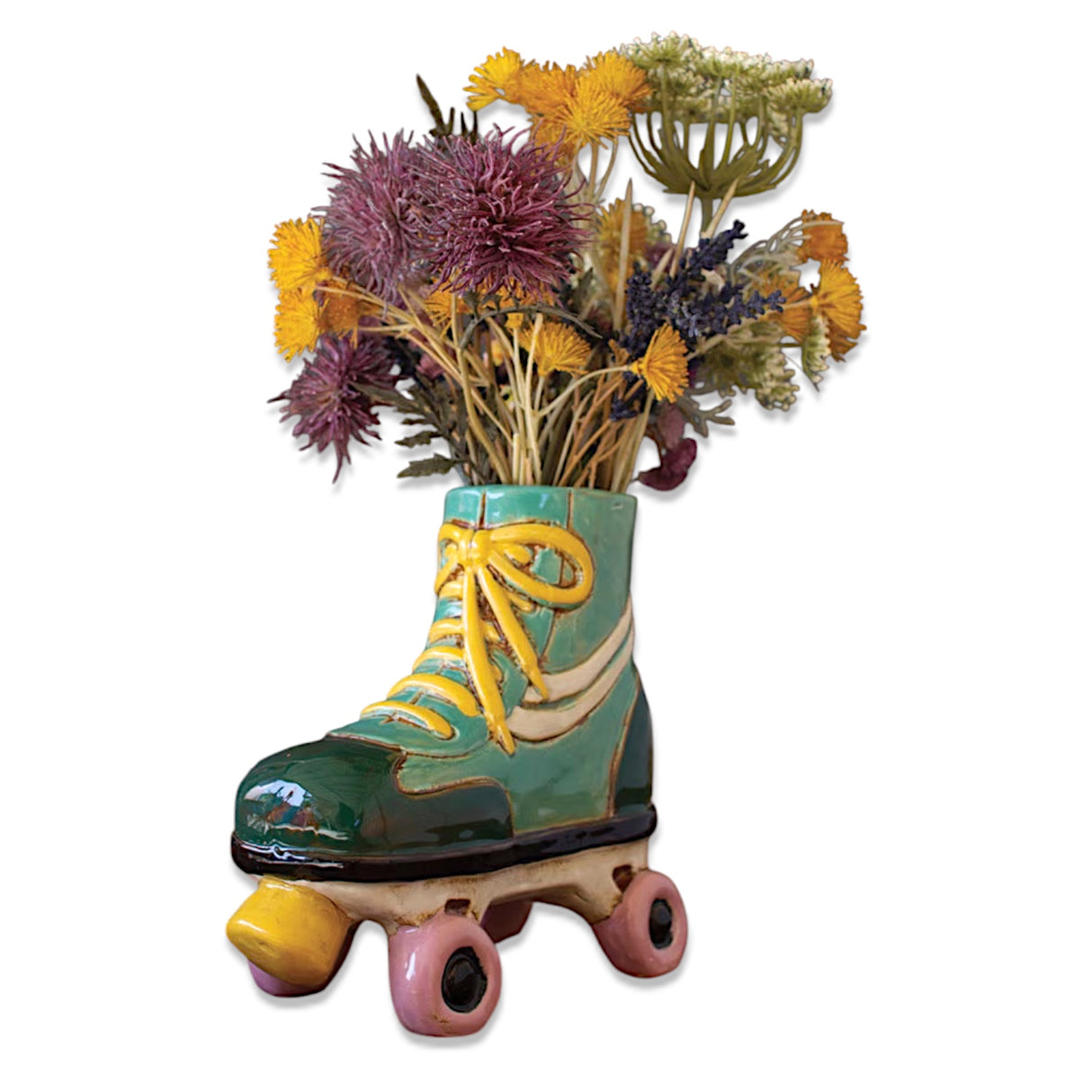 Vintage-style ceramic roller skate planter in green and pink, measuring 9" x 4.5" x 8.5", ideal for flowers or desk organization.