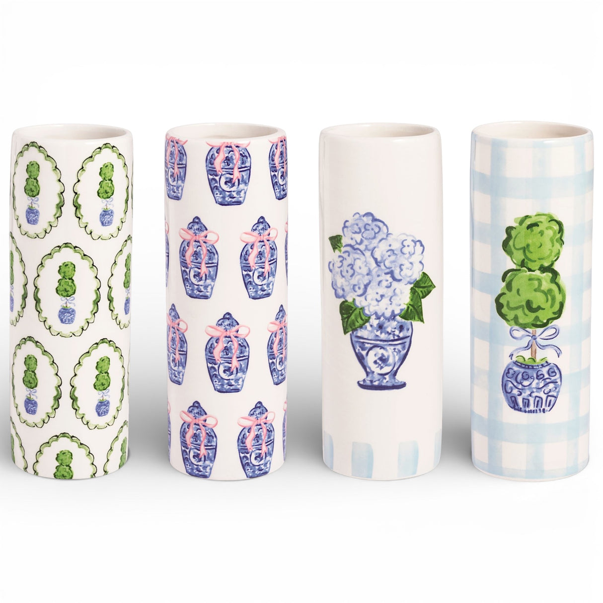 blue and green chinoiserie ceramic bud vase