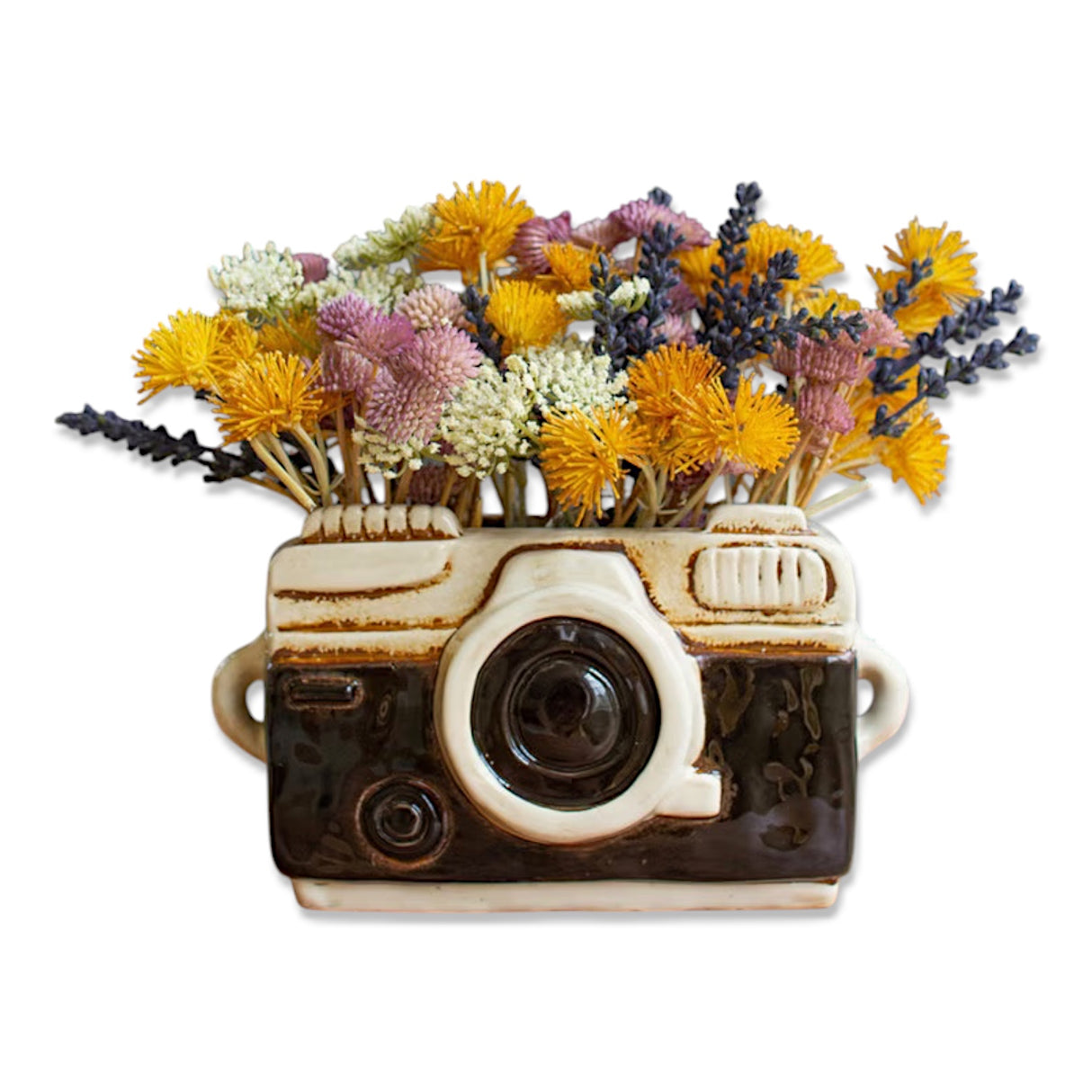 Ceramic camera-shaped planter in black and white, measuring 3" x 9" x 5.5", perfect for plants or desk organization.