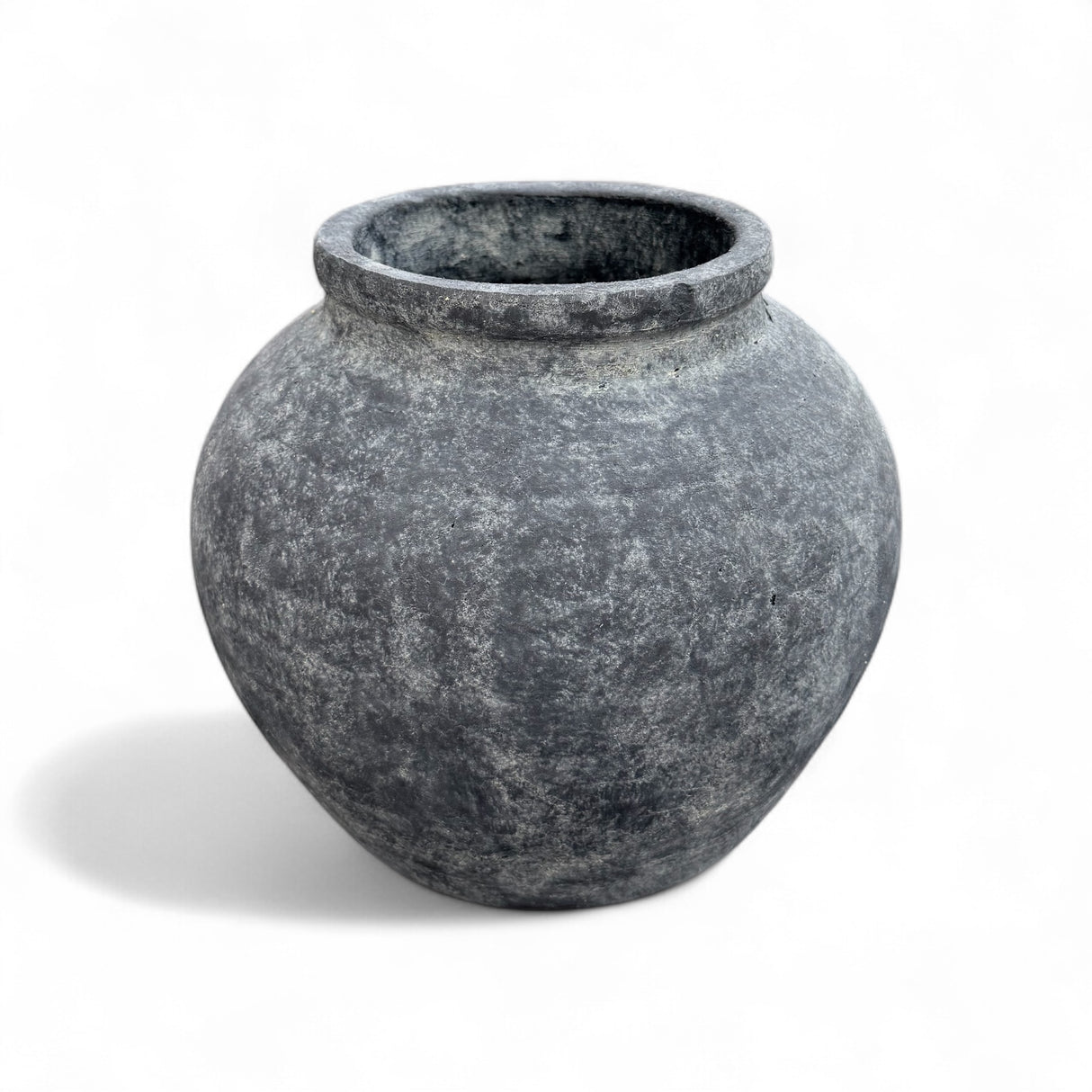 Charcoal-toned round terracotta planter with distressed matte finish