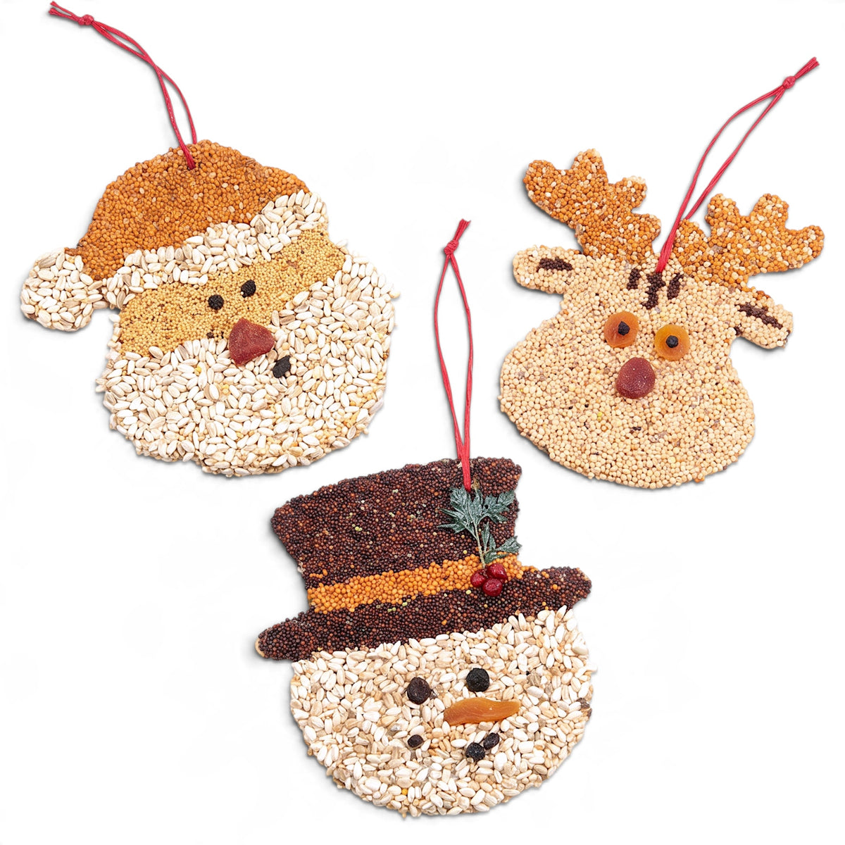 Christmas cookie bird seed treats in Frosty, Rudolph, and Santa designs with red raffia hangers, each sold individually.