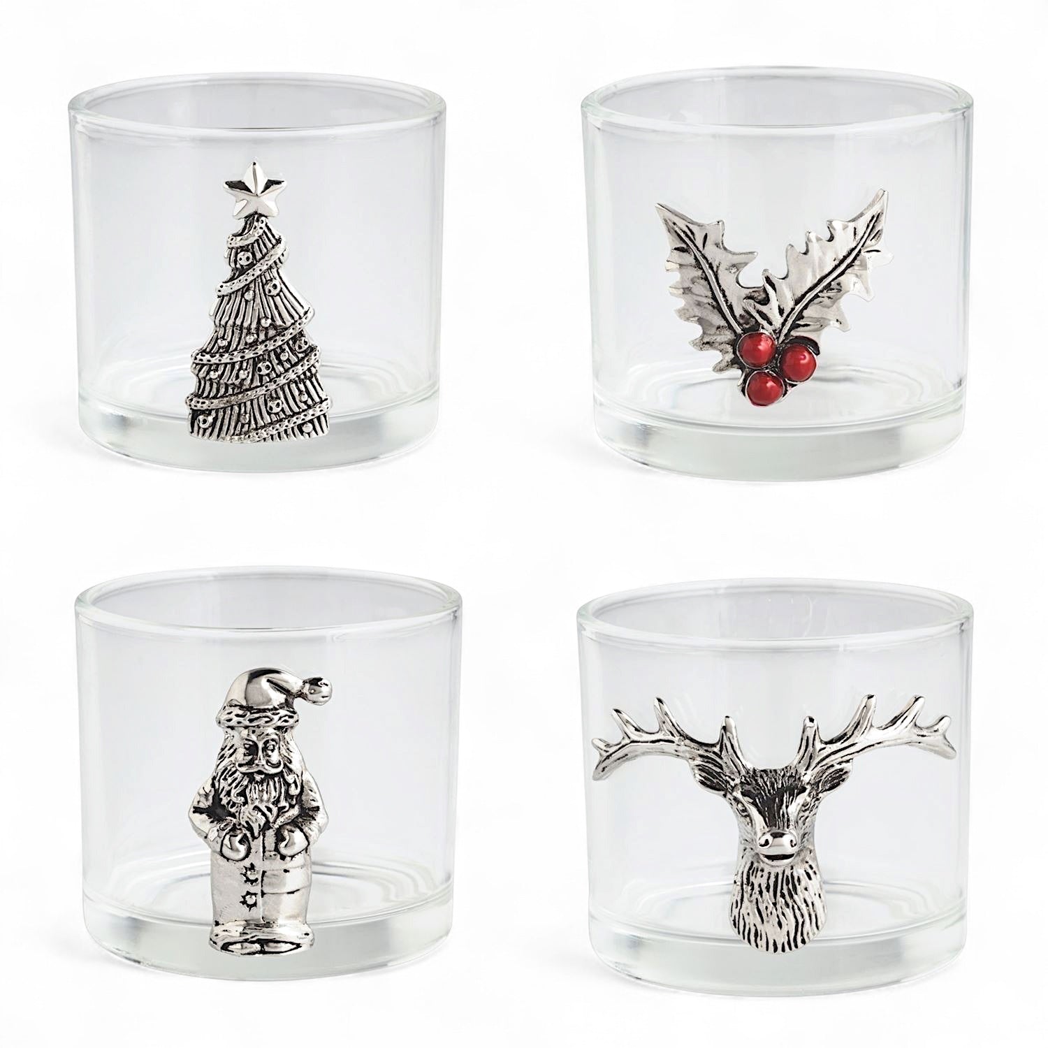 Glass tidbit bowls with cast aluminum Christmas icons set of 4 designs