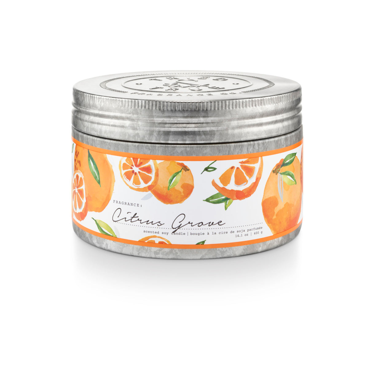 14.1 oz Citrus Grove scented soy candle in a galvanized tin with blood orange, red currant, and hyacinth blossom fragrance.