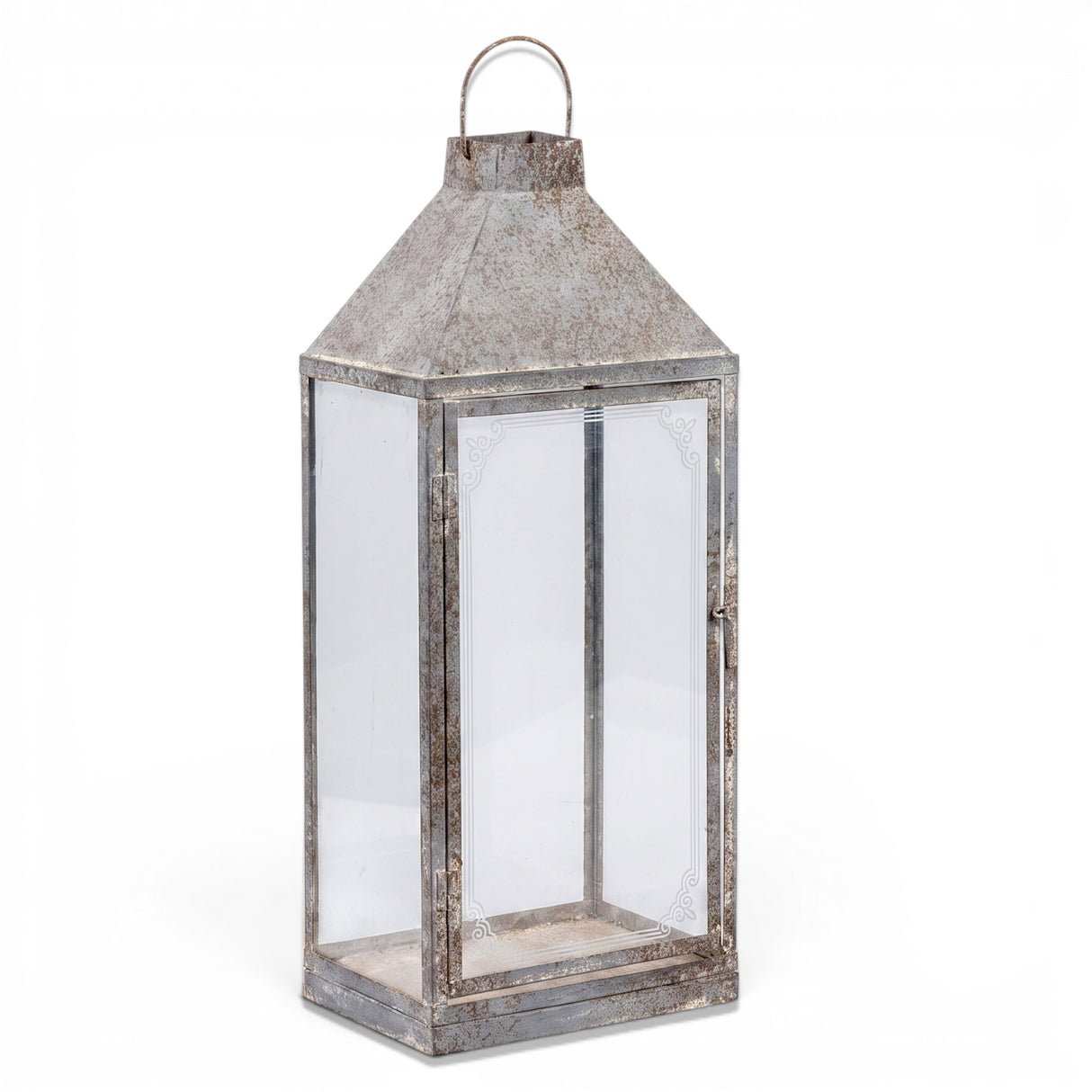 19.5-inch distressed metal lantern with clear glass panels and hinged front door