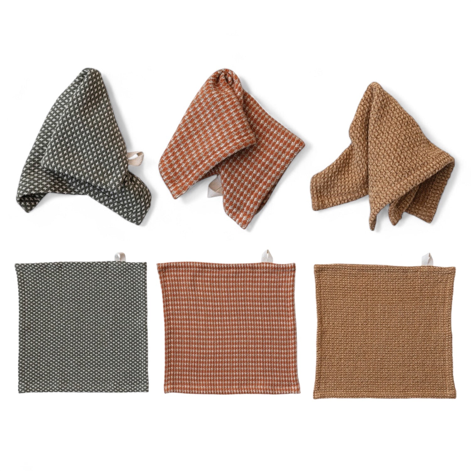 Set of 3 cotton dobby dish cloths bundled with kraft paper and jute tie, 10.5 inches