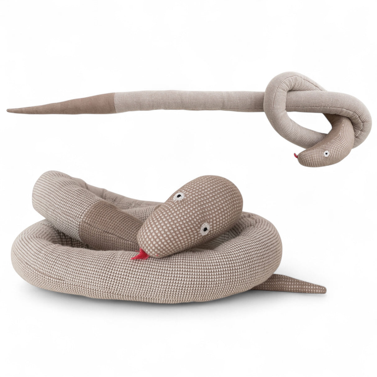 Cotton snake-shaped pillow in natural and brown with red tongue detail