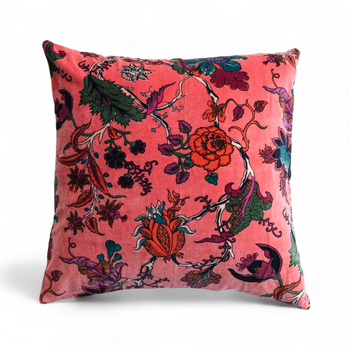 20" square cotton velvet pillow with vibrant floral print in pink and multi-color, featuring a chambray back.