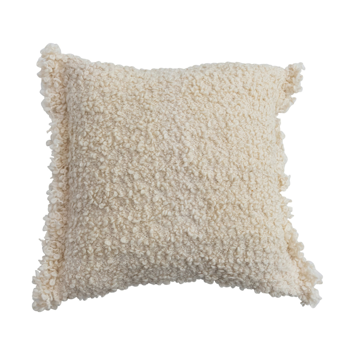 18-inch square cream bouclé pillow with fringe edges and zipper closure