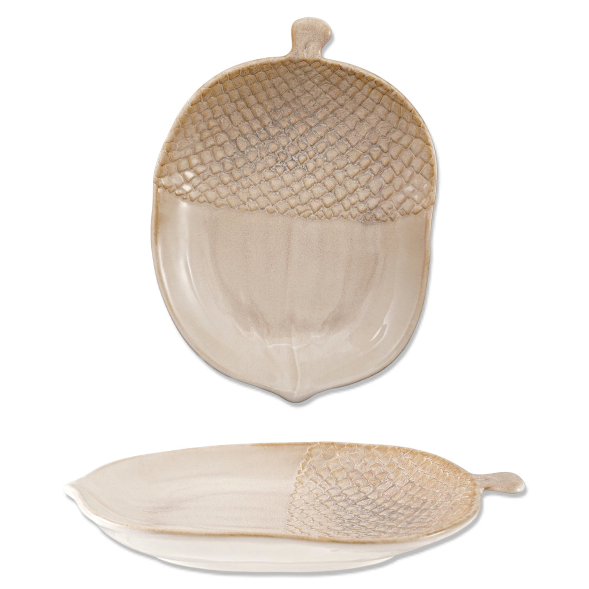Cream ceramic acorn shaped serving platter with textured reactive glaze