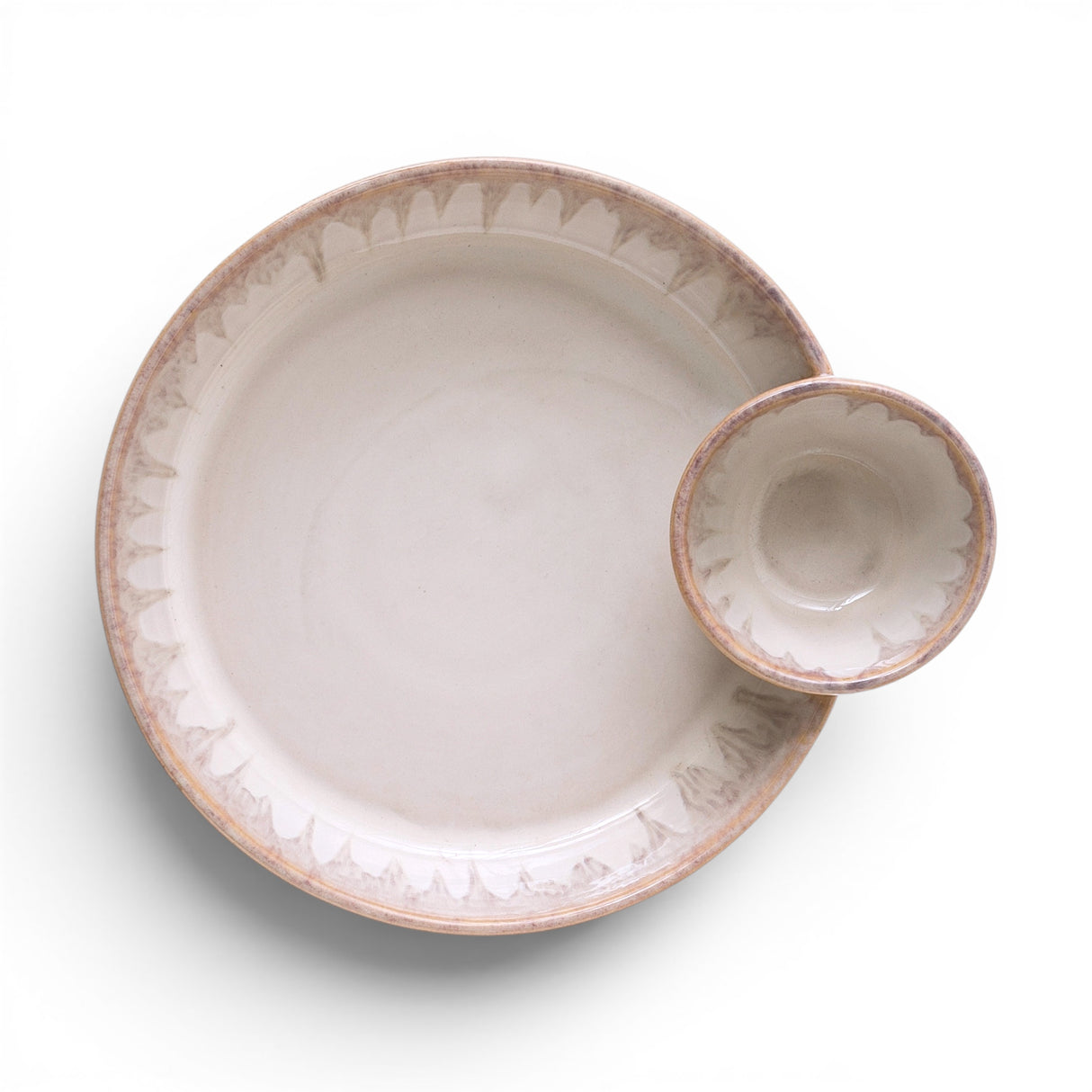 Cream ceramic divided serving dish with reactive glaze for chips, dip, appetizers, and entertaining