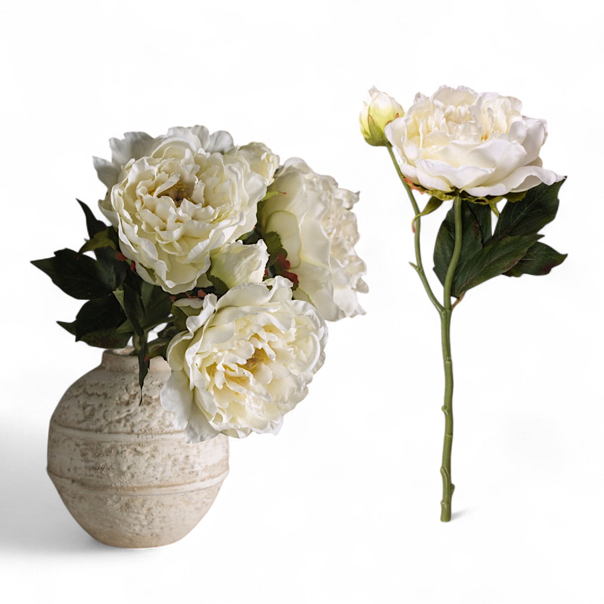 15-inch cream faux peony spray with realistic bloom and leaves, made of plastic and polyester