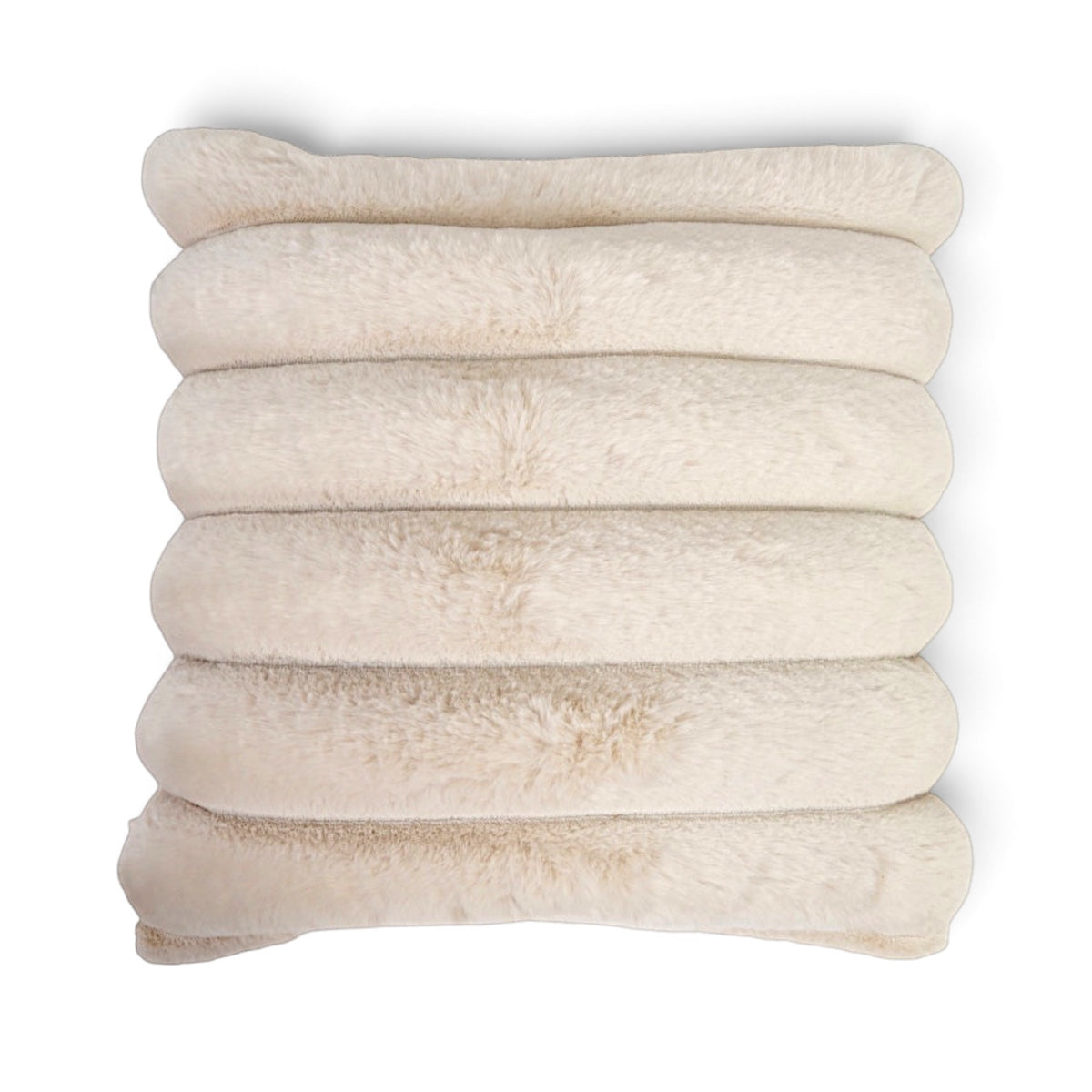 Cream square faux fur pillow with wide horizontal ribbing and a plush textured front.