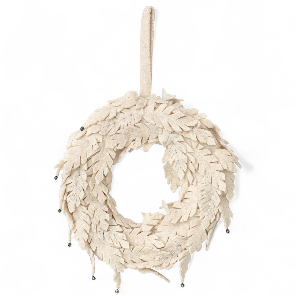 12-inch cream wool felt leaf wreath with metal jingle bells