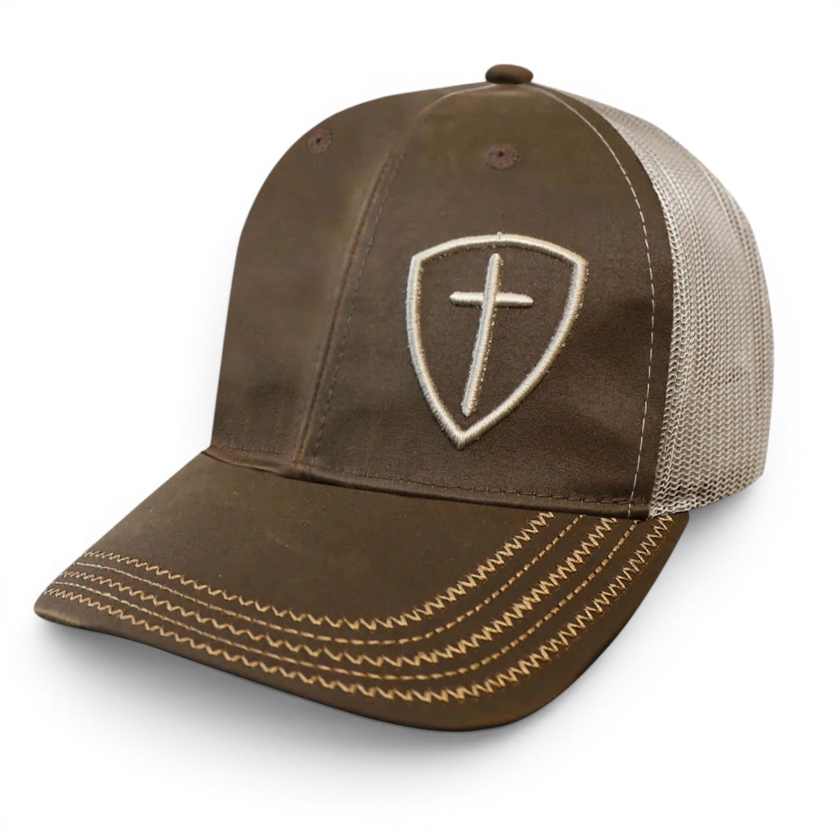 brown cream christian trucker hat cross shield embroidered cap for men