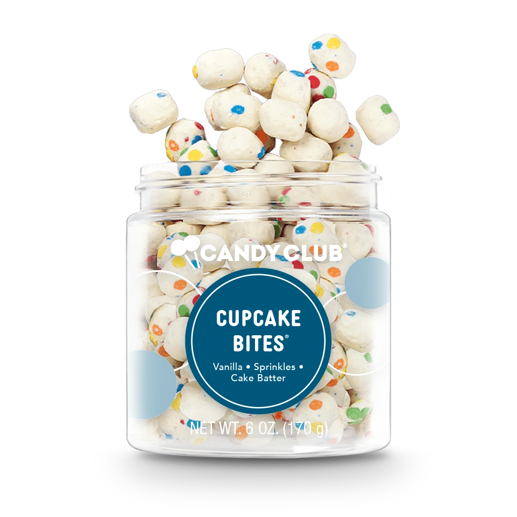 Small cup of Cupcake Bites candy with white vanilla cake batter pieces and rainbow sprinkles, bite-sized candy made in the USA