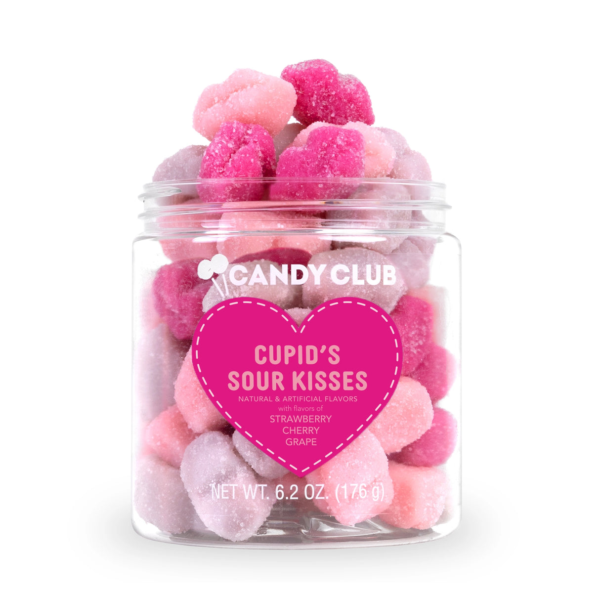 Jar of Cupid’s Sour Kisses gummy candy with pink and red heart-shaped sour gummies in strawberry, cherry, and grape flavors