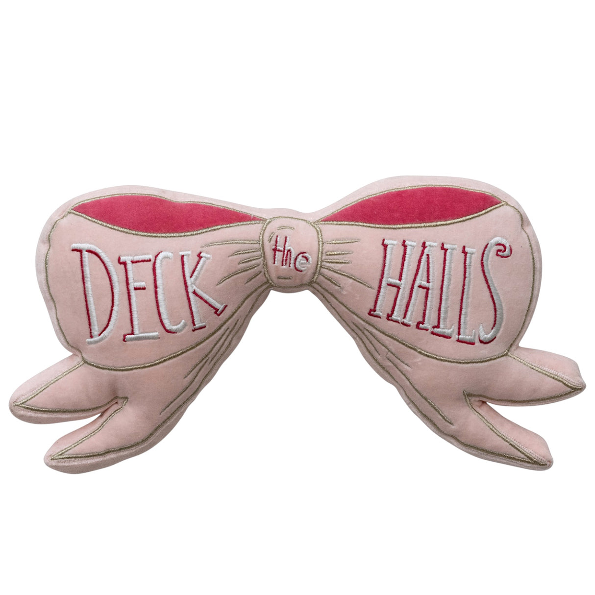 Pink velvet bow-shaped pillow 16 x 7 inches with hand-embroidered Deck the Halls text