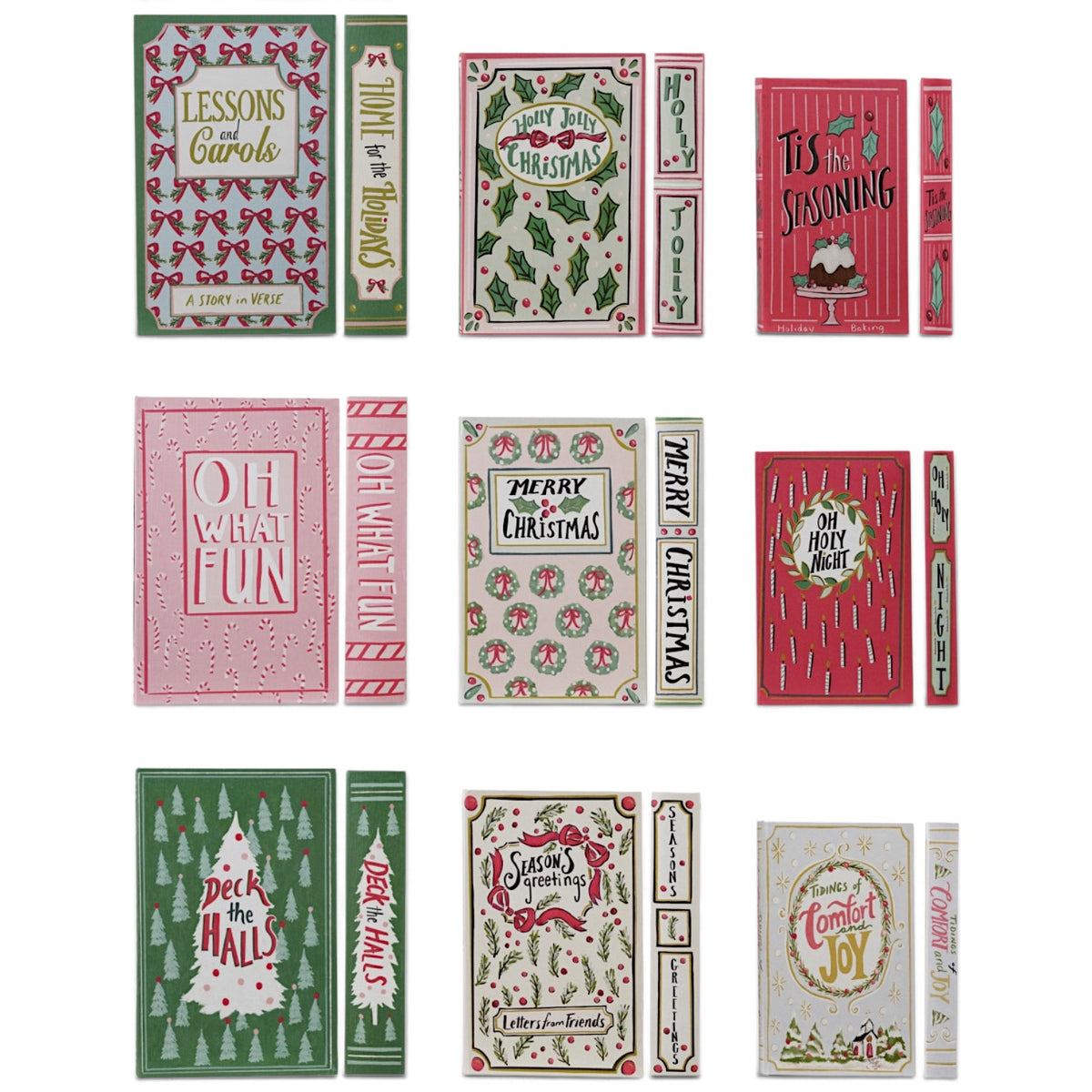Multicolor MDF and canvas book-shaped storage boxes available in three sizes and three styles, each sold individually.