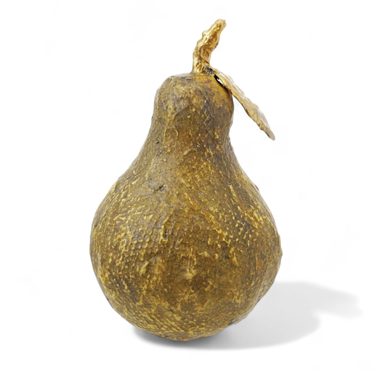 5-1/4" decorative paper mache pear with gold metal stem and leaf, rustic multicolor finish