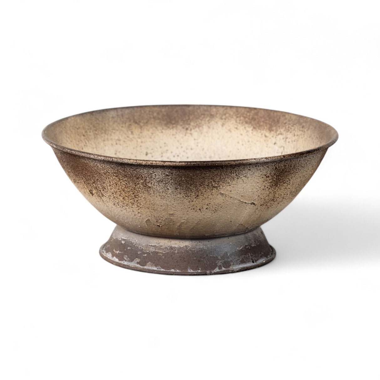 Distressed white and brown metal pedestal bowl with flared sides