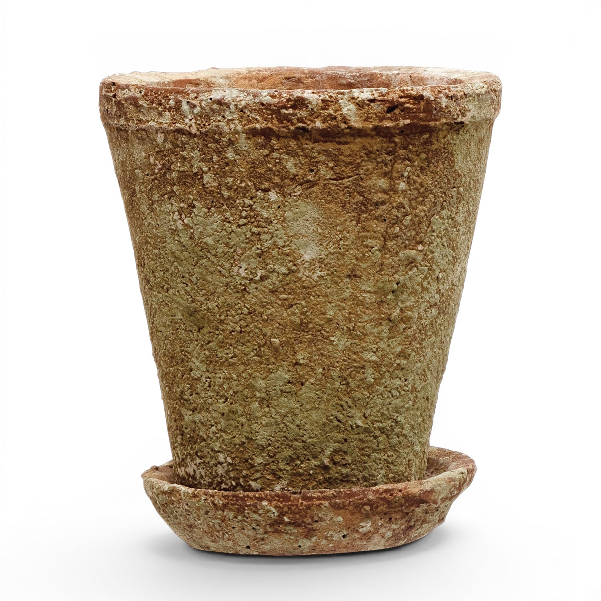 cement planter with distressed terracotta finish and saucer for indoor plants and shelf styling