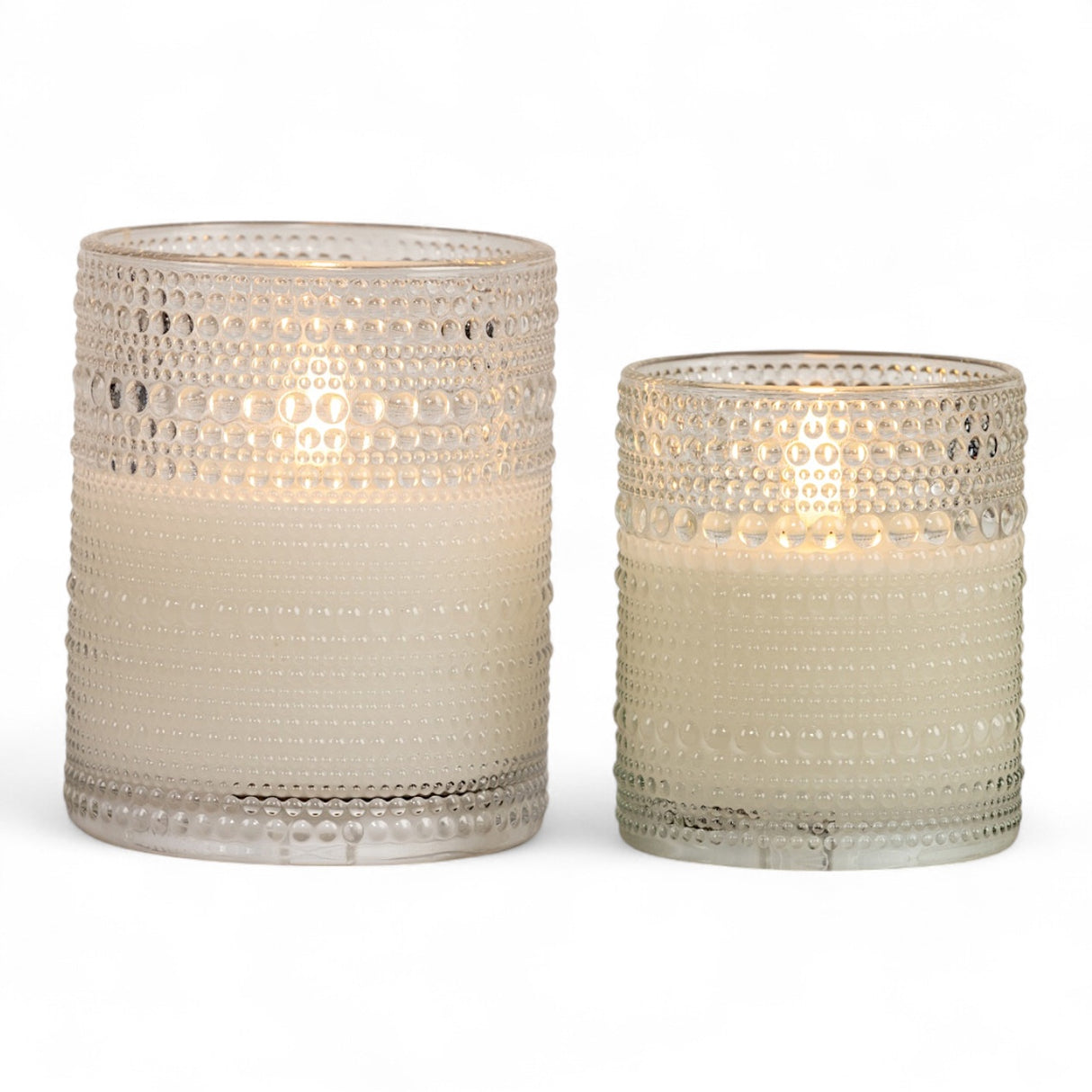 Two dotted glass 3D flame LED candles with real wax and timer