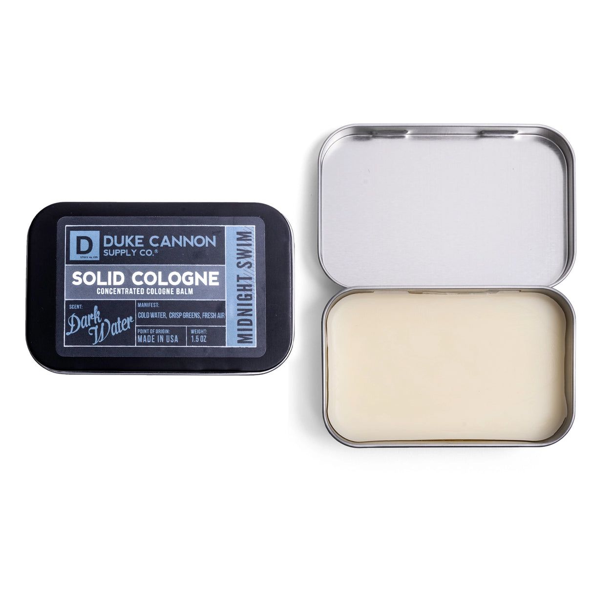 Duke Cannon Midnight Swim solid cologne balm tin in blue and black
