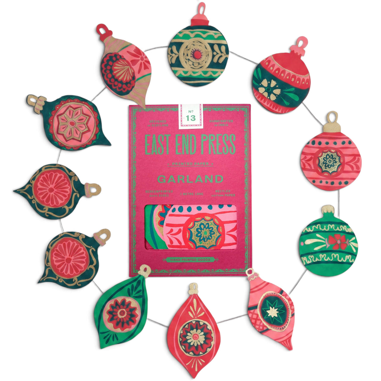 East End Press Baubles paper Christmas garland with ten hand-printed vintage ornament shapes
