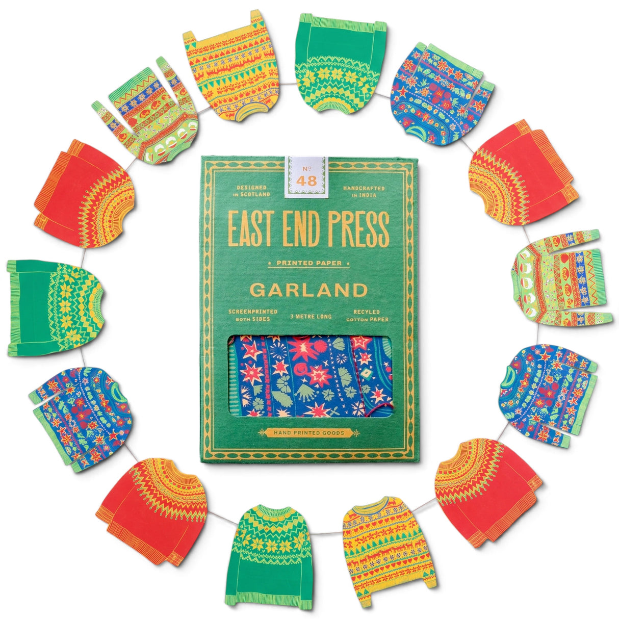 East End Press Christmas sweater paper garland with ten colorful hand-printed festive jumpers