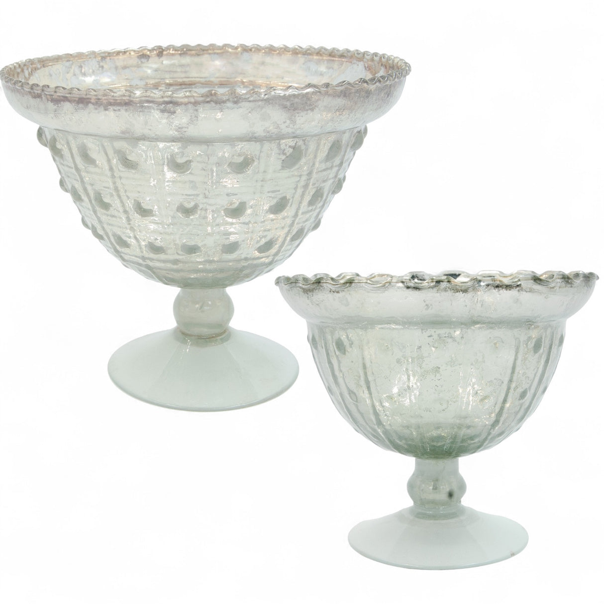 Decorative embossed mercury glass footed bowls