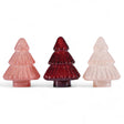 three embossed mercury glass Christmas trees in blush pink, deep red, and iridescent pearl
