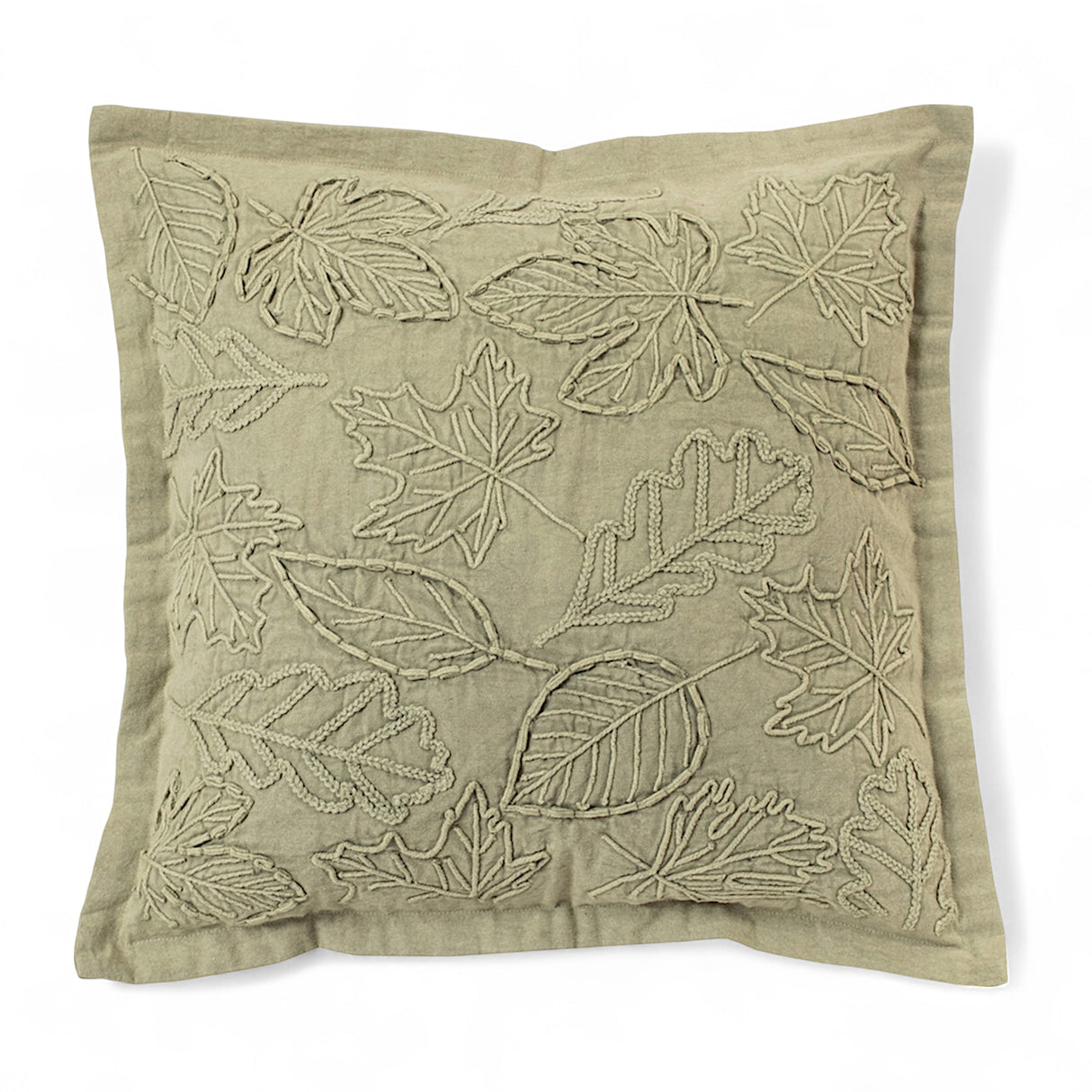 16-inch square cotton green pillow with embroidered fall leaves
