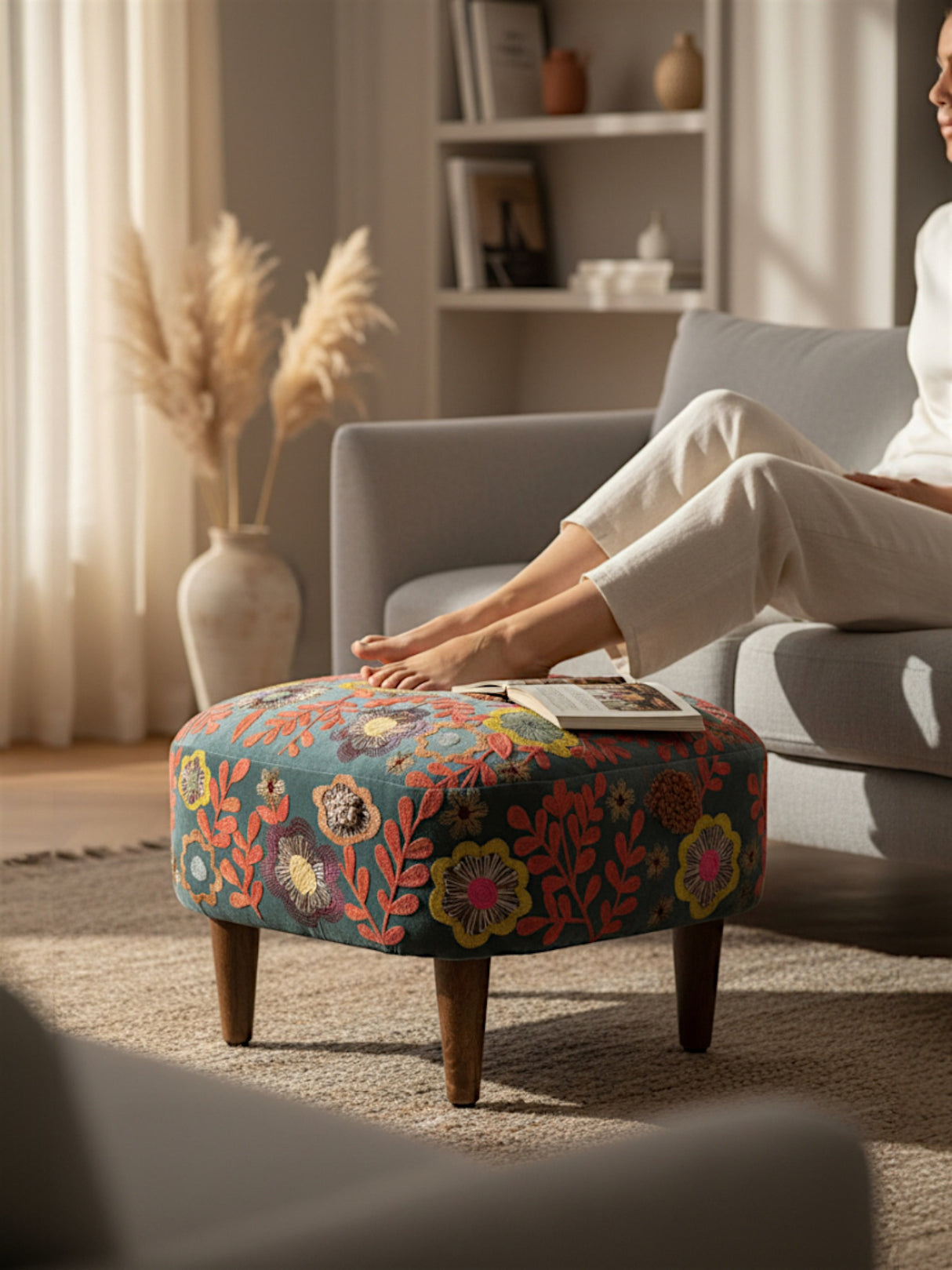 Embroidered Floral Velvet Stool