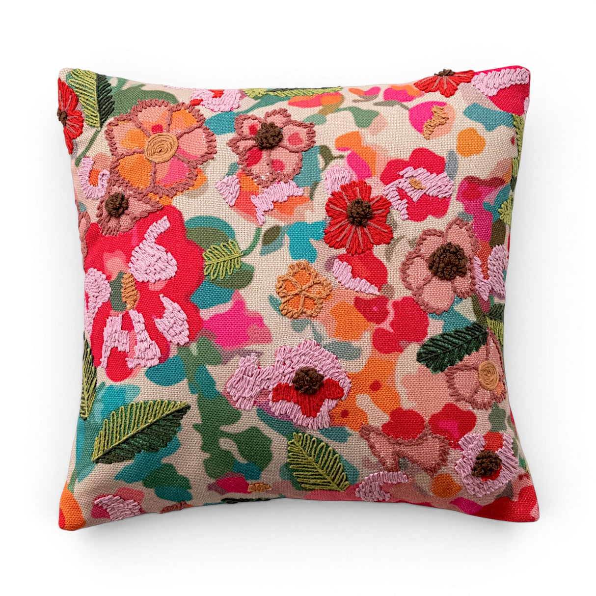 multicolor floral embroidered throw pillow for sofa, bed, and layered home decor styling
