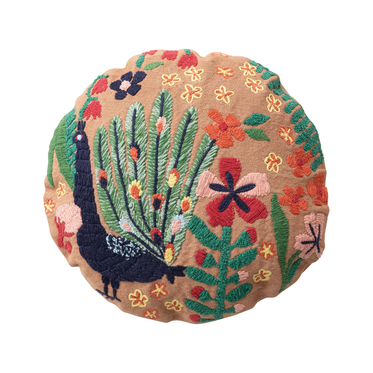 Round tan pillow with embroidered peacock and colorful flowers, 16-inch diameter