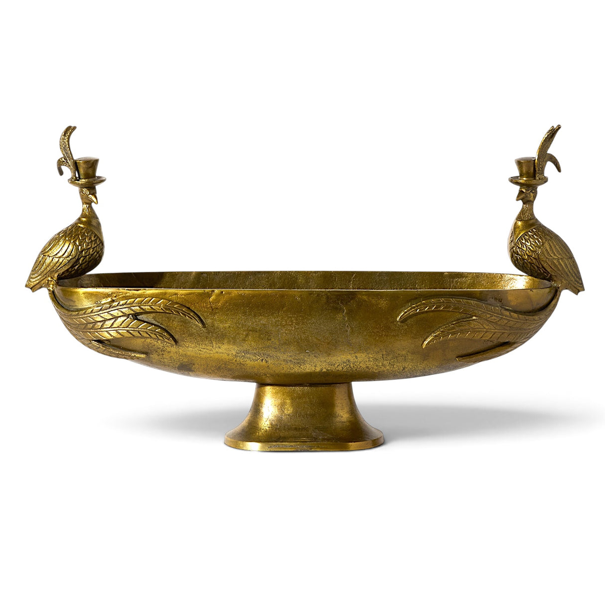 Antique gold aluminum footed boat bowl with two pheasants perched on the rim