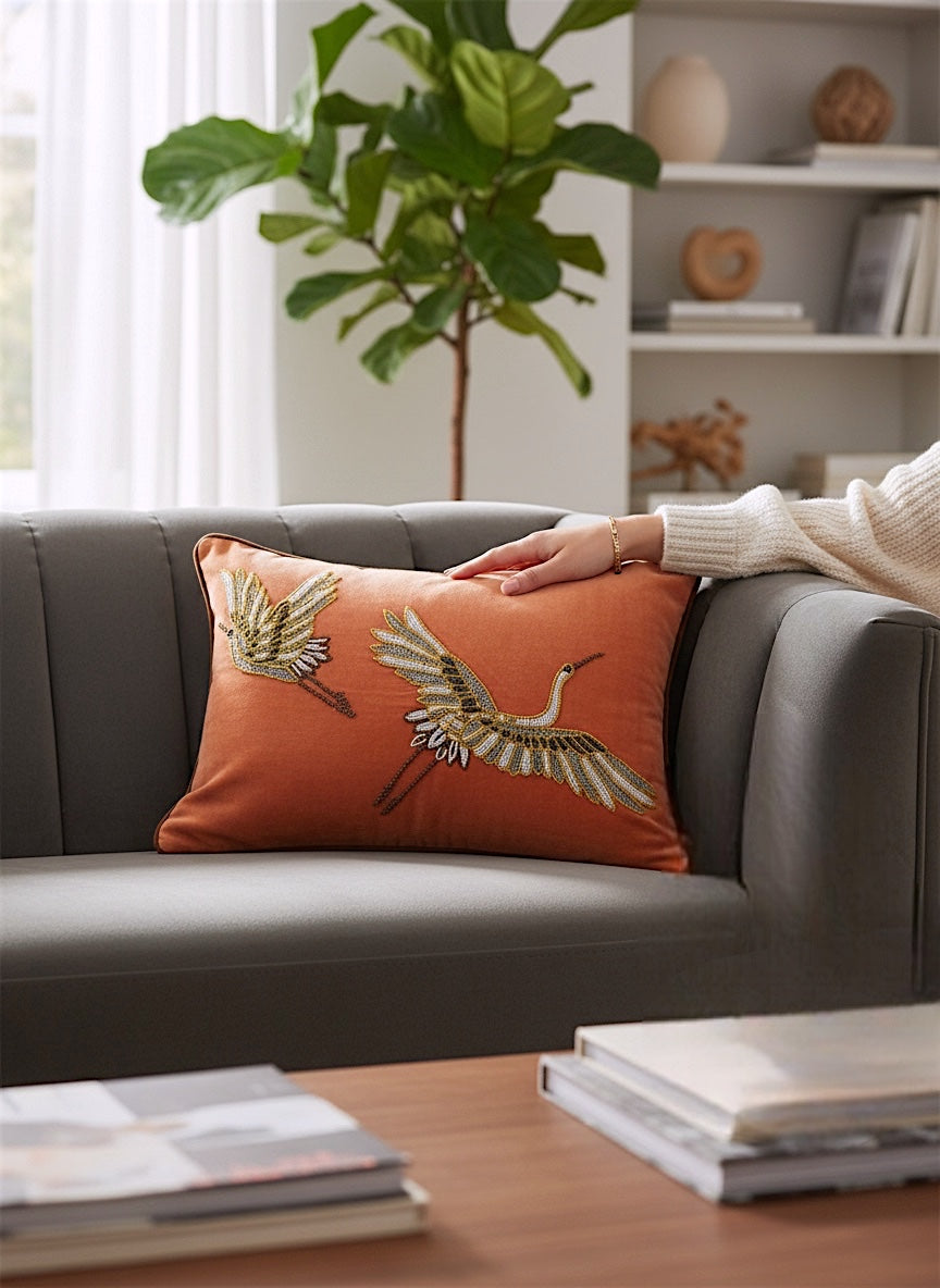 Velvet Beaded Crane Lumbar Pillow