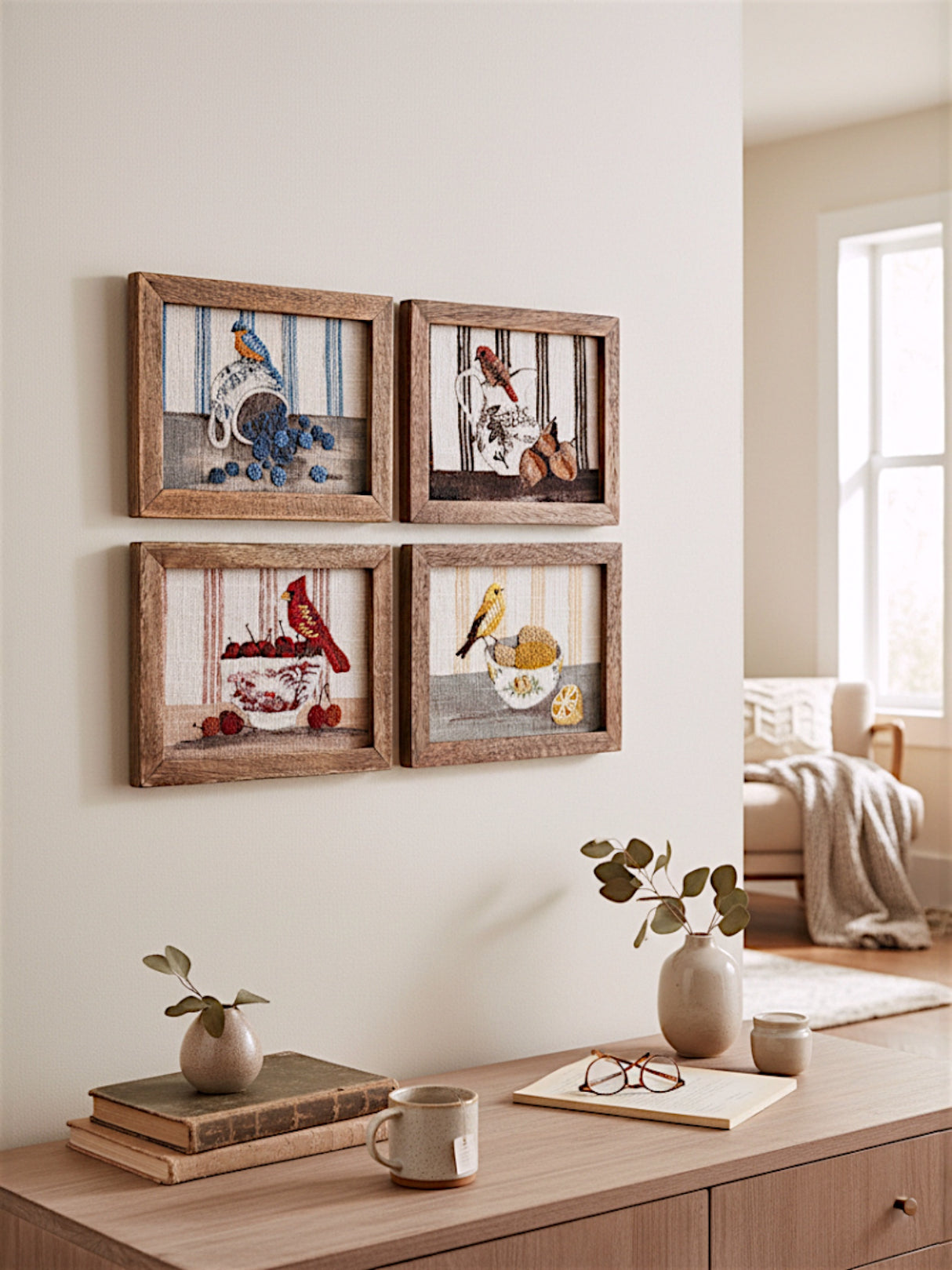 Embroidered Fabric Bird Still Life Framed Wall Art
