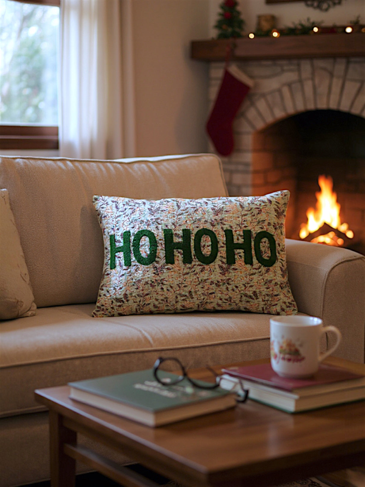Ho Ho Ho Christmas Lumbar Throw Pillow with Suzani Pattern