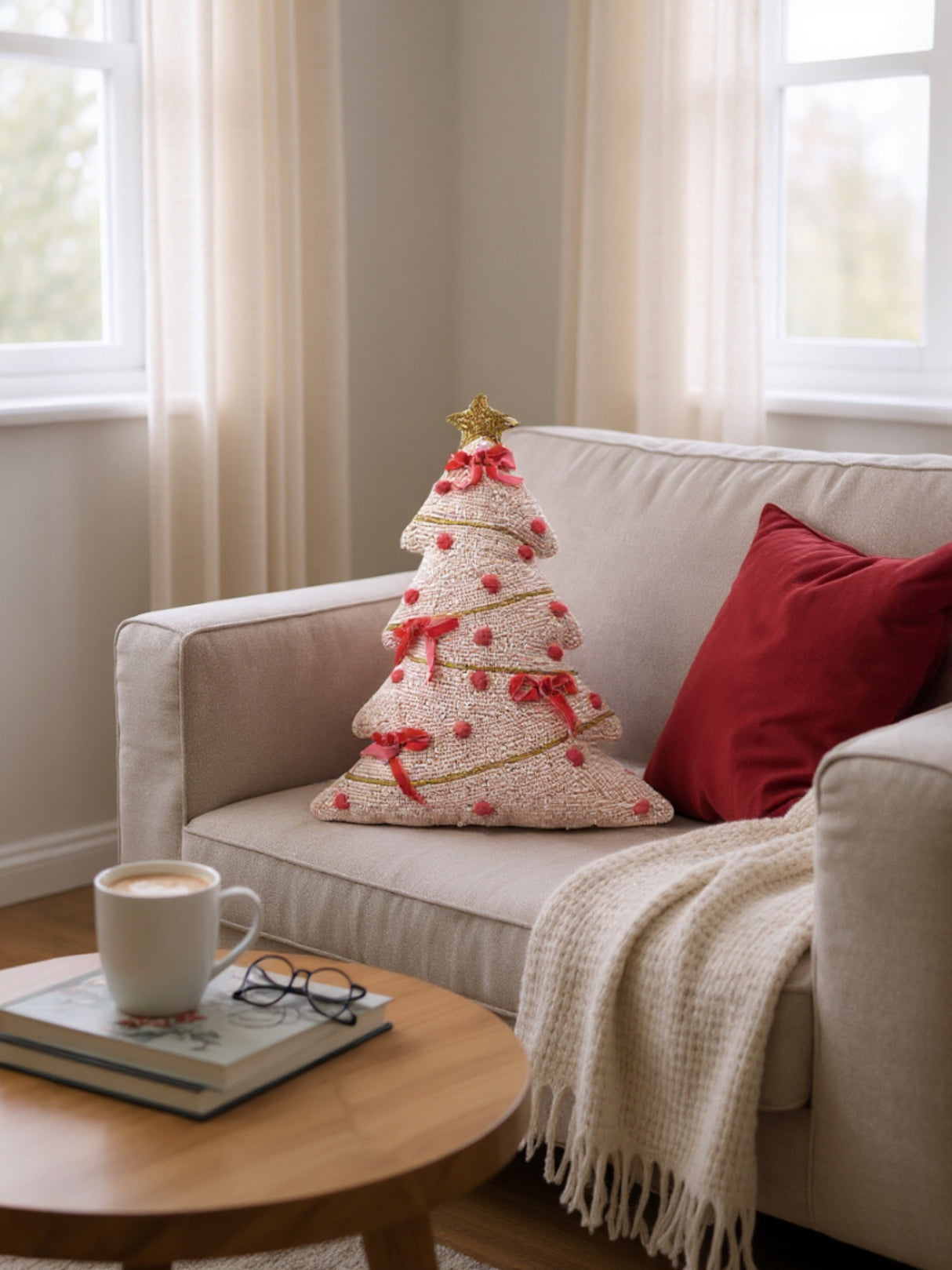 Beaded Pink Christmas Tree Pillow with Bows